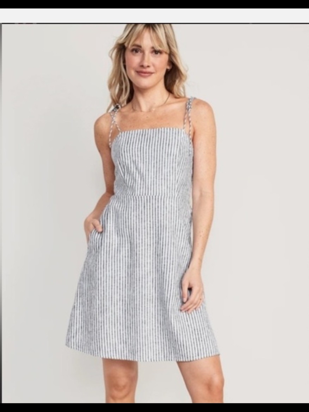 Old Navy White and Navy Striped Tie-Shoulder Mini Dress